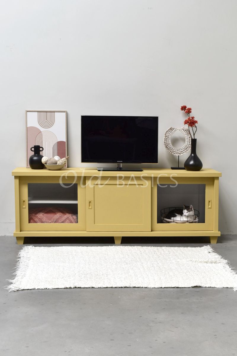 Detail van Dressoir Bordeaux Novi, 3 deuren, RAL1002, geel, materiaal hout